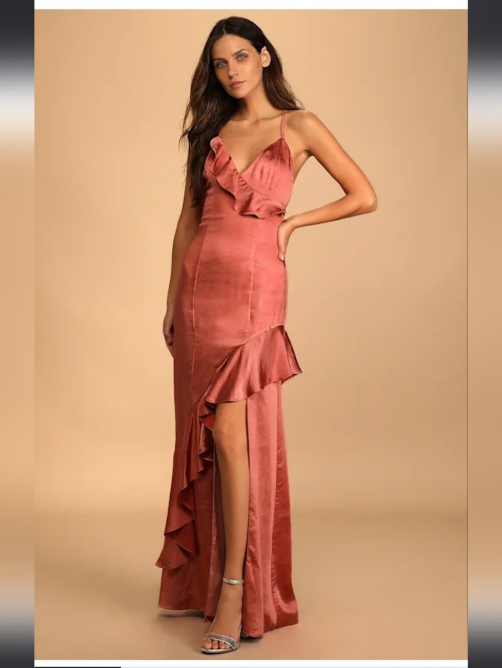 Lulu's Rust Satin Ruffle-Back Maxi Dress
